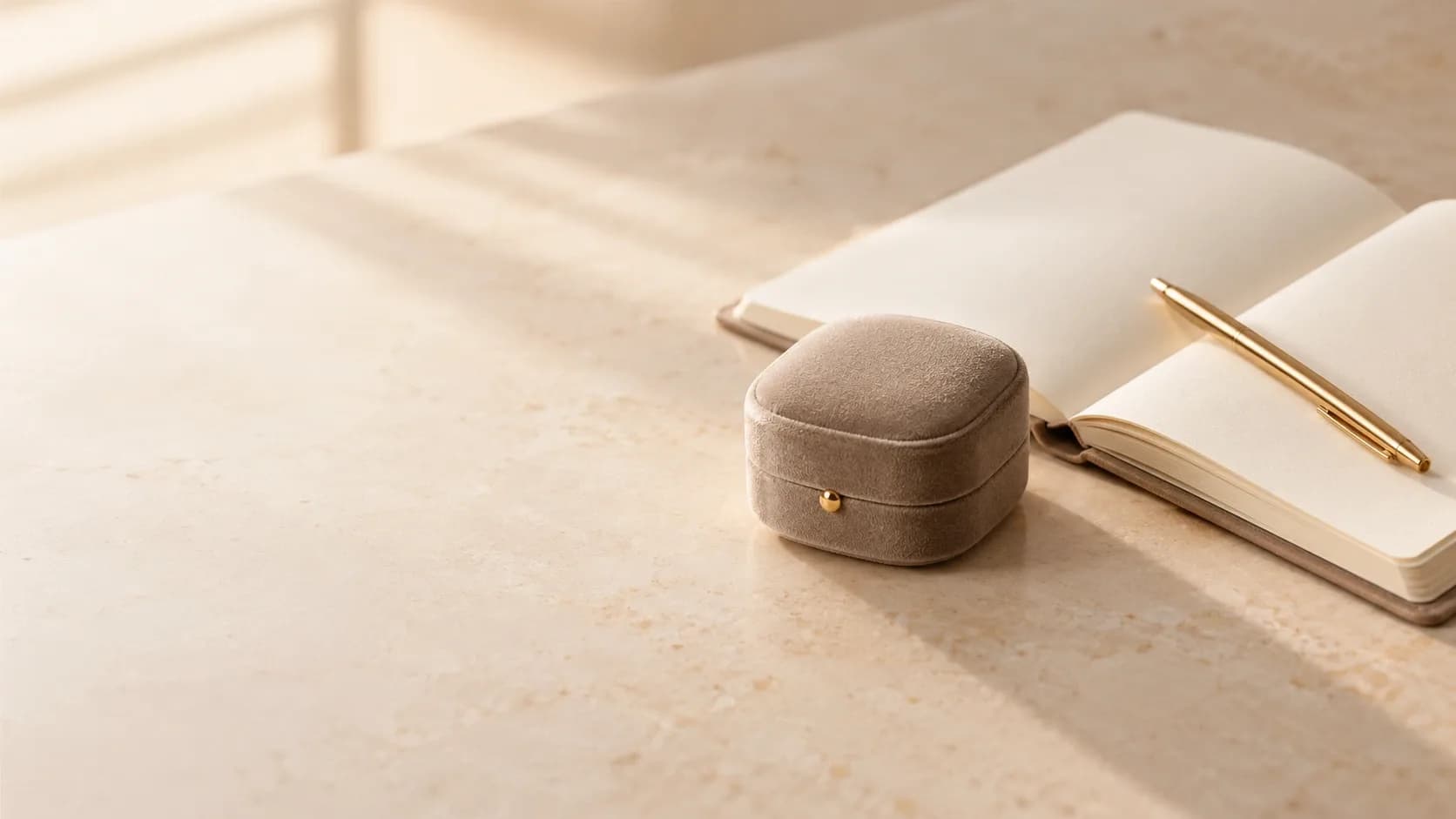 a closed ring box beside an open notebook and a pen on a cream desk