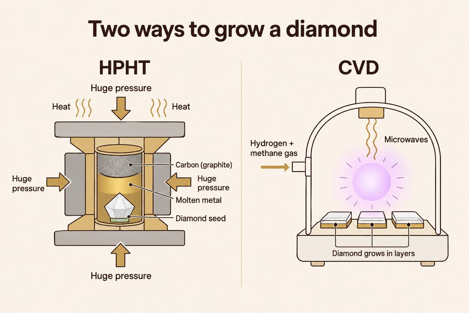 Diagram of how lab grown diamonds are made: on the left an HPHT press squeezes a seed, graphite and molten metal under heat; on the right a CVD chamber turns hydrogen and methane into plasma so diamond builds up on flat seed plates