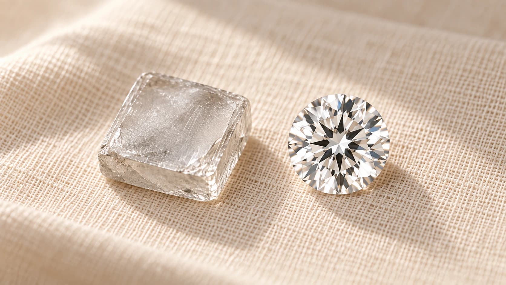 a rough, flat lab grown diamond crystal beside a polished round lab grown diamond on cream linen, showing a diamond before and after cutting