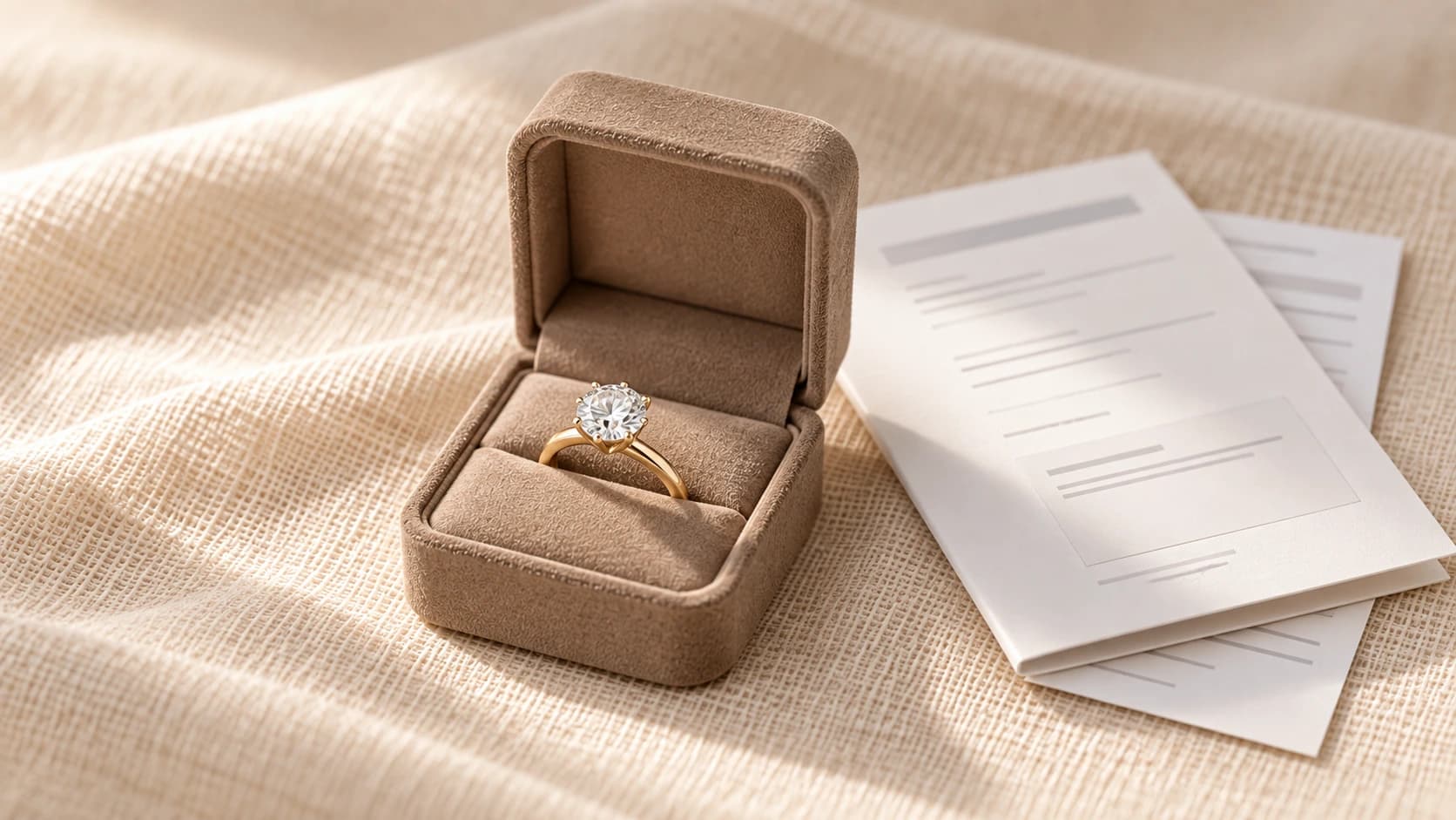 lab grown diamond solitaire ring resting on its open ring box beside a folded diamond grading report and a paper receipt
