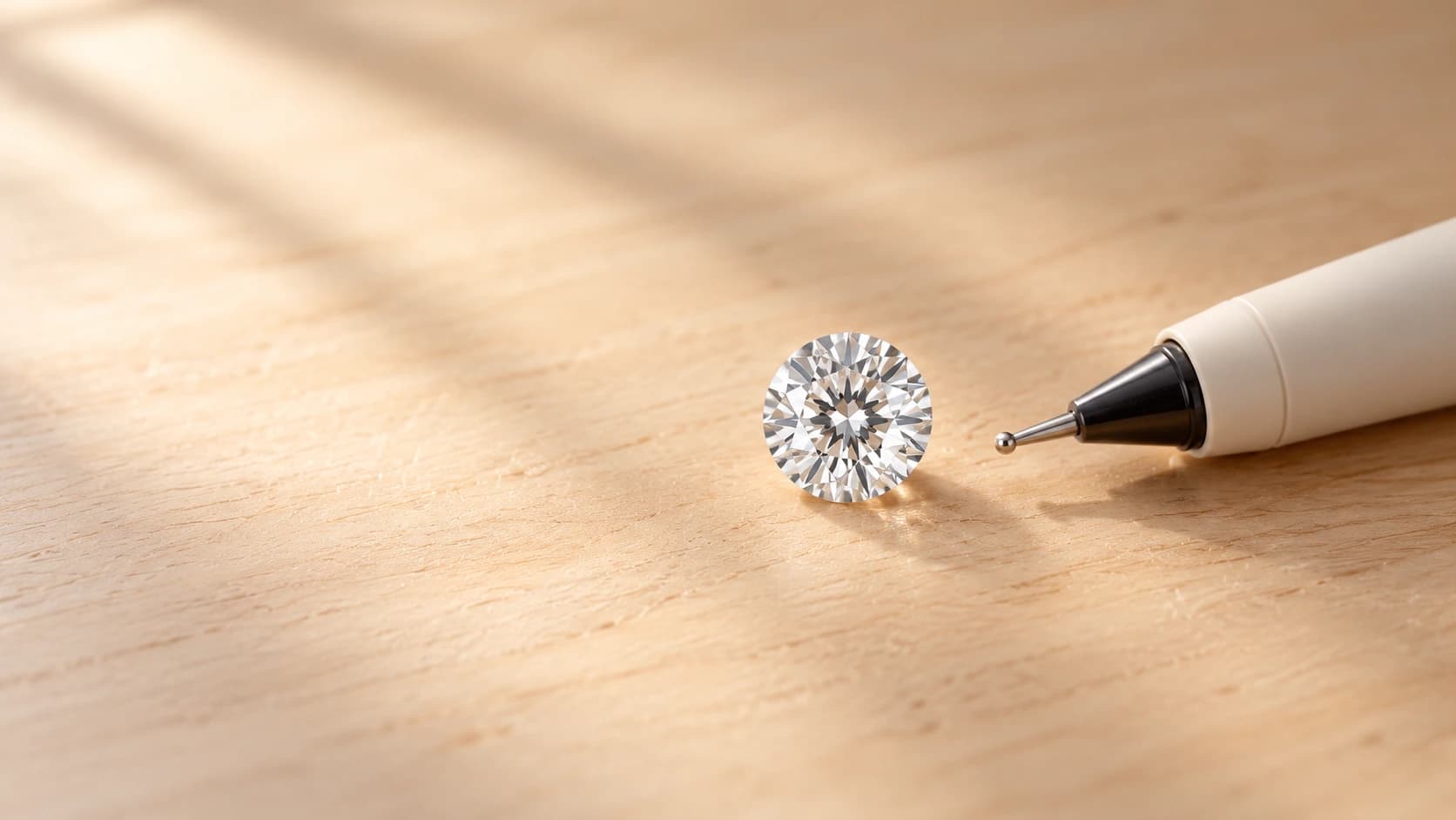 a loose round lab grown diamond on a jeweler's bench beside a pen-style diamond tester