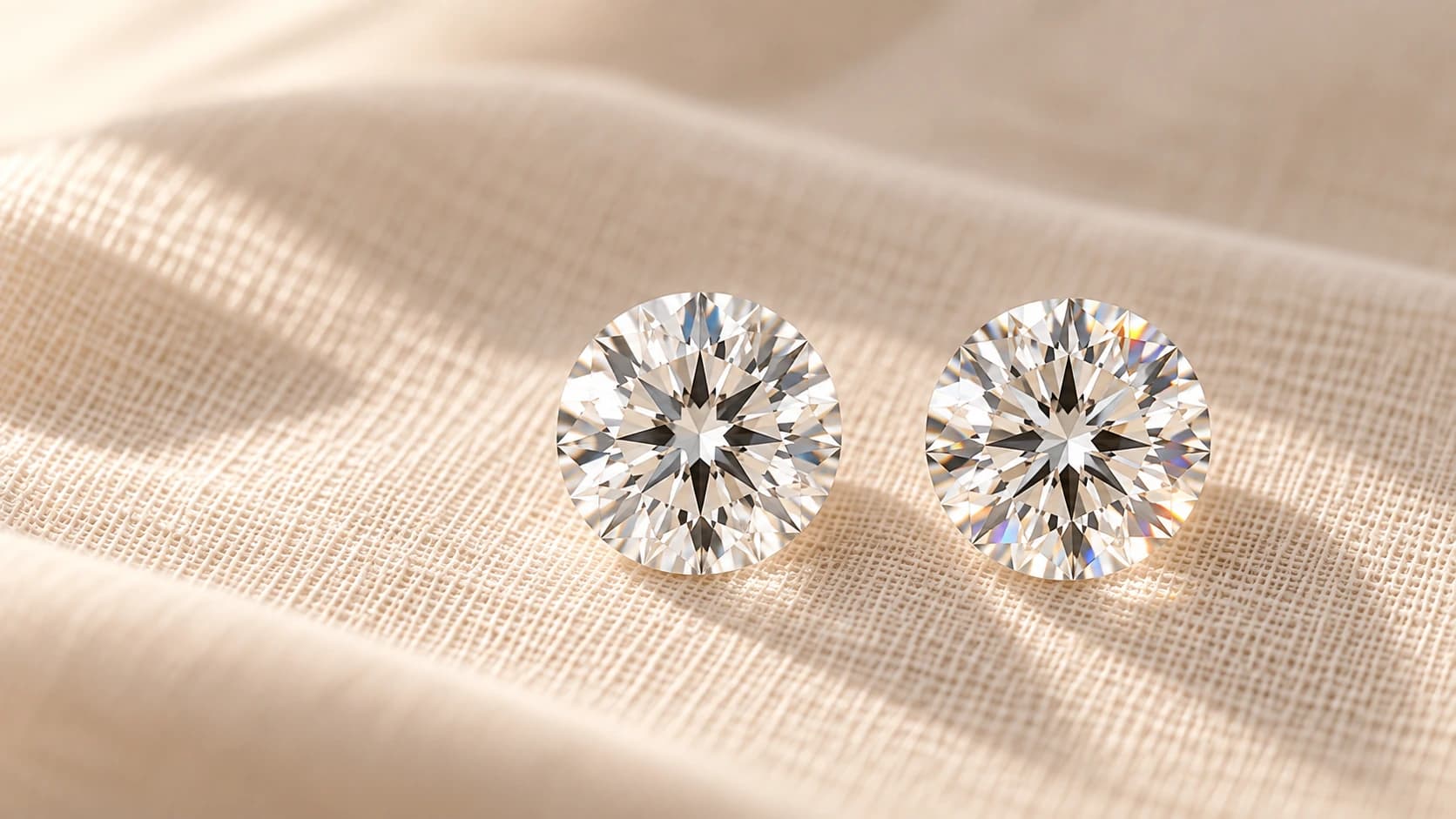 two loose round brilliant stones side by side on soft ivory linen, for a lab grown diamond vs moissanite comparison