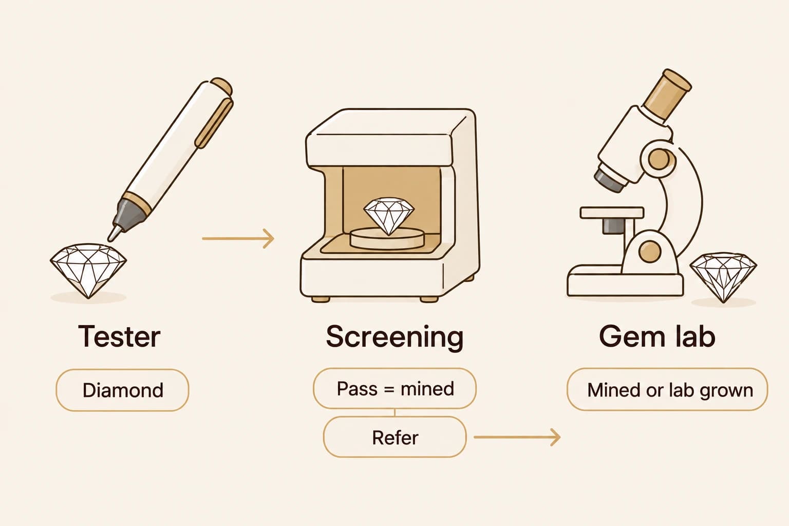 Three-step diagram: a handheld tester only says diamond, a screening machine passes mined diamonds and refers the rest, and a gem lab says mined or lab grown